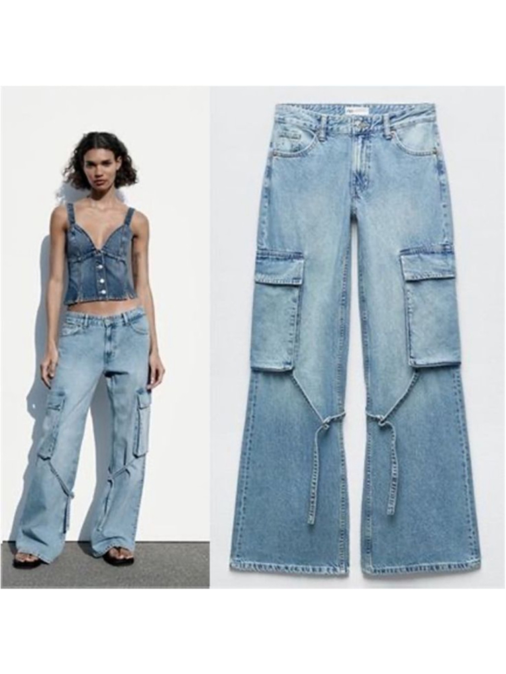 Zara TRF Blue Mid Rise Denim Cargo Jeans Size 8 US 40 EU NWT